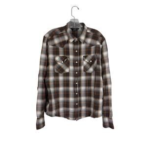 Salt Valley Western Shirt Mens Large Pearl Snap Front Brown Plaid Cotton